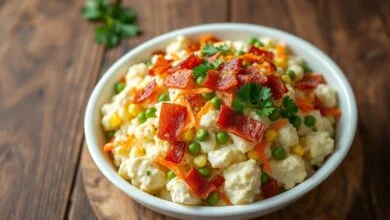 Travessa de salada de batata cremosa com cobertura de bacon dourado e crocante, cenoura ralada e cheiro-verde fresco.