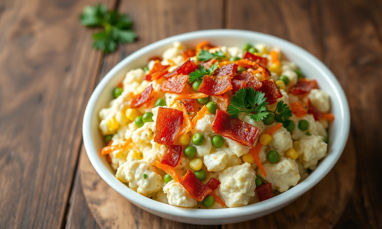 Travessa de salada de batata cremosa com cobertura de bacon dourado e crocante, cenoura ralada e cheiro-verde fresco.