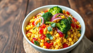 Salada vibrante e fresca em uma travessa larga, com floretes de brócolis verde-vivo, cuscuz de milho dourado, cubinhos de pimentão vermelho e folhas de coentro.