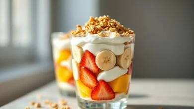 Taça de vidro transparente com camadas vibrantes de frutas frescas, iogurte branco cremoso e granola dourada crocante no topo.