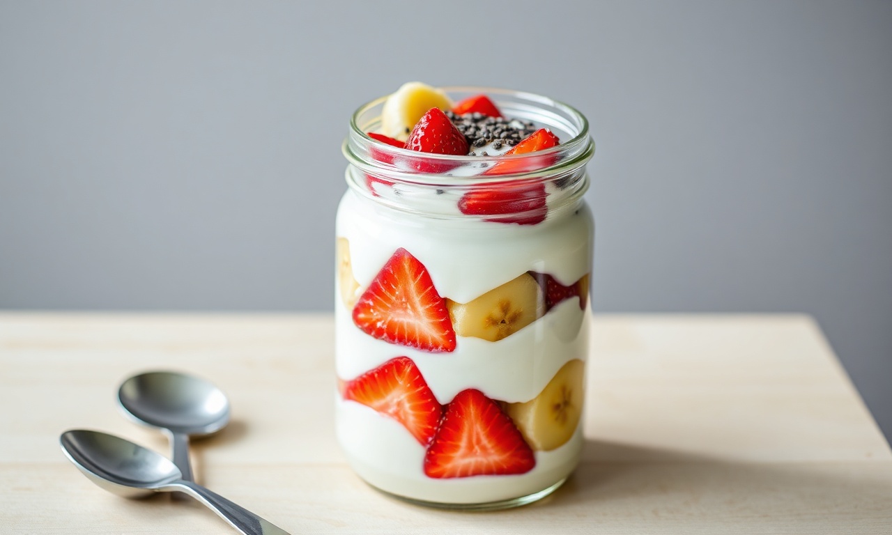 Pote de vidro transparente com camadas alternadas de iogurte branco cremoso e frutas frescas coloridas, finalizado com sementes de chia.
