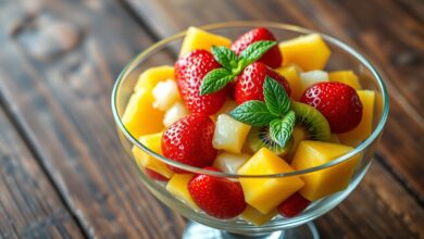 Taça elegante com cubos vibrantes de manga, abacaxi, kiwi e morangos, envoltos em caldo natural brilhante e aromático.