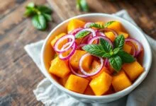A salada vibrante em uma tigela, destacando o contraste das cores laranja, roxo e verde.