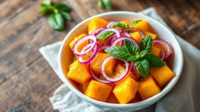 A salada vibrante em uma tigela, destacando o contraste das cores laranja, roxo e verde.