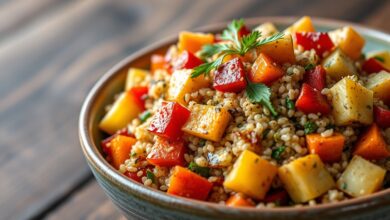 Tigela colorida com quinoa soltinha misturada a vegetais dourados