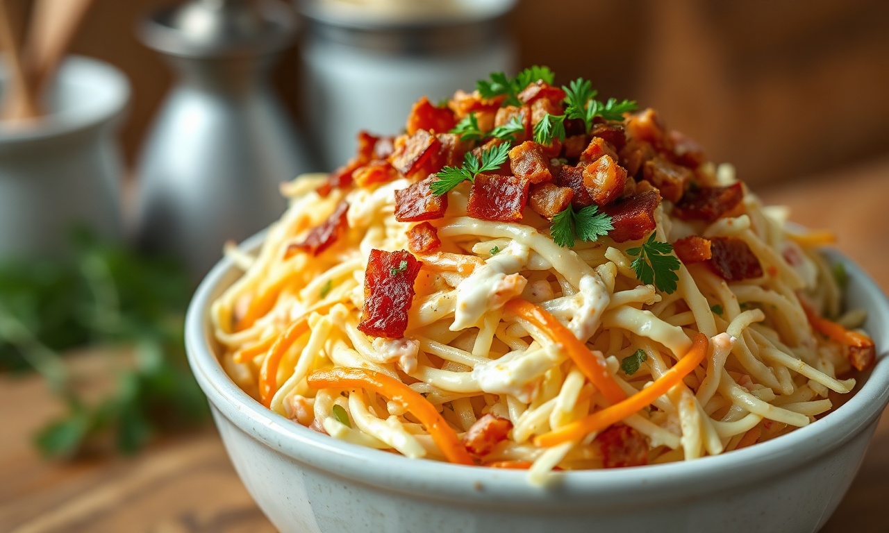 Salada De Repolho Cremosa Com Bacon: A Definitiva Para Churrasco 3 Acompanhamento vibrante e cremoso, perfeito para churrasco, com toque defumado.