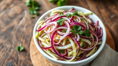 Tigela branca com salada de repolho fresca, tiras verdes e roxas, cebola fatiada e toque de salsinha.