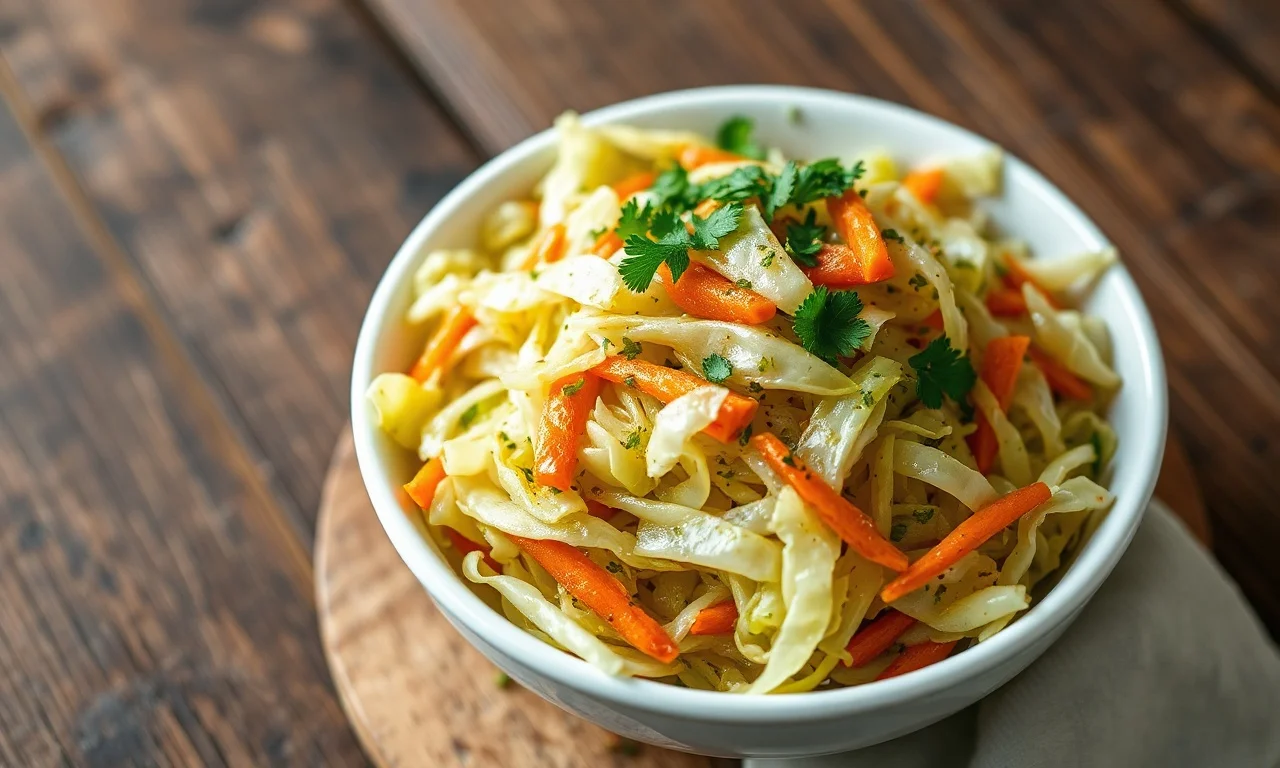 Salada De Repolho Refogado: Fácil, Macia E Sem Amargor 3 Tigela com tiras macias de repolho refogado, com pedaços de cenoura ralada e salsinha fresca, pronta para servir.