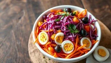 Tigela branca com salada vibrante de repolho roxo, cenoura laranja, tomates cereja, palmitos, ovos cozidos e molho cremoso de páprica, finalizada com folhas verdes.