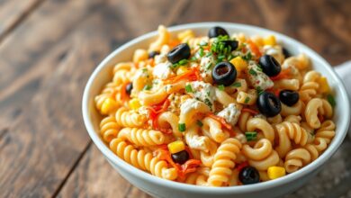 Tigela generosa de salada fria de macarrão fusilli, com espirais cobertas por molho cremoso, pontilhada de cenoura ralada, milho dourado, cubinhos de pepino e azeitonas pretas, finalizada com cebolinha fresca.