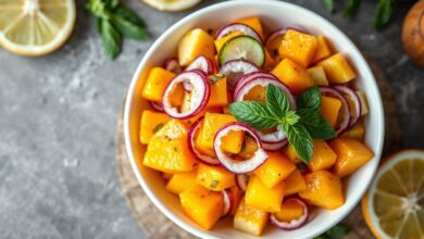 Tigela ampla com cubos vibrantes de manga, abacaxi e pepino, finalizada com folhas de hortelã e raspas de limão.