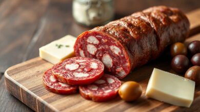 Salame artesanal maturado, fatiado em rodelas sobre uma tábua de madeira rústica.