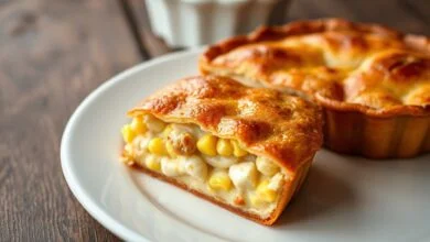 Fatias douradas de salgado de forno com recheio cremoso de frango e milho, prontas para servir.