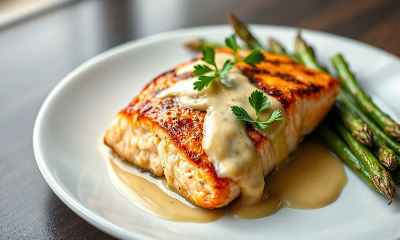 Um filé de salmão grelhado e suculento, coberto por um molho cremoso e brilhante, pronto para ser servido.