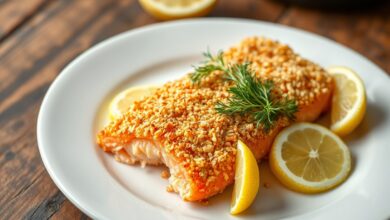 Filé de salmão com crosta dourada e crocante de panko, servido com fatias de limão fresco em um prato.
