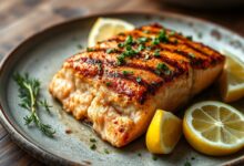 O filé de salmão perfeitamente grelhado, com a pele crocante e dourada e o interior suculento, finalizado com ervas frescas e limão.