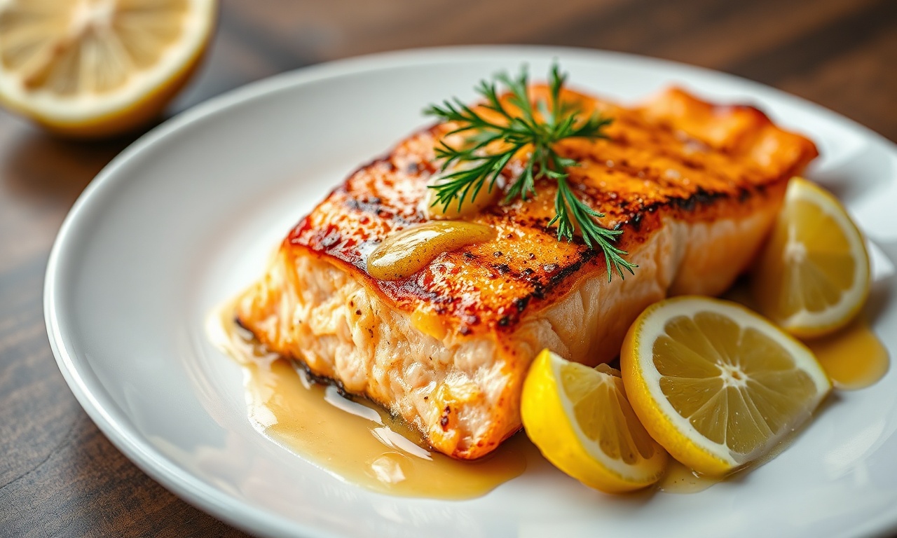 Como Tirar O Amargo Do Salmão: Dicas Simples Que Funcionam 3 Filé de salmão perfeitamente grelhado, com pele crocante dourada e carne rosada e macia, finalizado com molho cítrico brilhante e fatias de limão fresco.