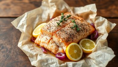 A posta de salmão perfeitamente cozida, úmida e aromática, servida sobre o papel manteiga aberto.