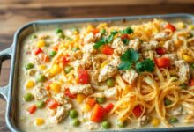 Travessa grande de salpicão com frango desfiado, legumes coloridos e cobertura generosa de batata palha dourada.