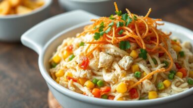 Salada cremosa de bacalhau em uma travessa, coberta por uma camada generosa de batata-palha dourada e crocante, decorada com salsinha fresca.