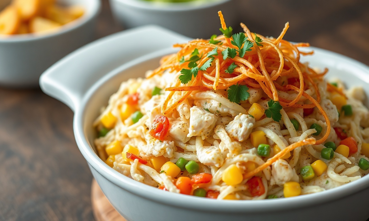 Salpicão De Bacalhau Fácil E Cremoso Para Impressionar 3 Salada cremosa de bacalhau em uma travessa, coberta por uma camada generosa de batata-palha dourada e crocante, decorada com salsinha fresca.