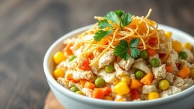 Salpicão de frango cremoso em uma tigela branca, coberto por uma camada generosa de batata palha dourada e crocante, com pedaços de cenoura, milho e frango desfiado visíveis.