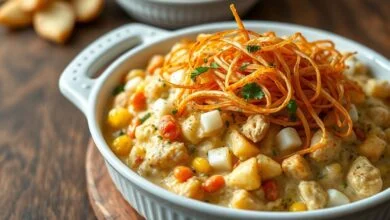 Travessa generosa de salpicão cremoso, com a superfície coberta por uma camada dourada e crocante de batata palha, pronta para servir.