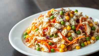 Salpicão de frango cremoso e apetitoso, moldado em um prato de porção, pronto para servir.