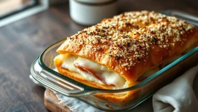 Sanduíche de forno recém-saído do forno com camadas derretidas de queijo, coberto por uma crosta dourada e crocante de parmesão ralado.