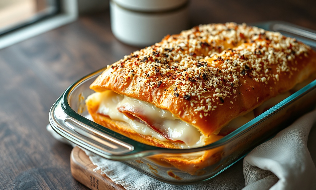 Sanduíche de forno recém-saído do forno com camadas derretidas de queijo, coberto por uma crosta dourada e crocante de parmesão ralado.