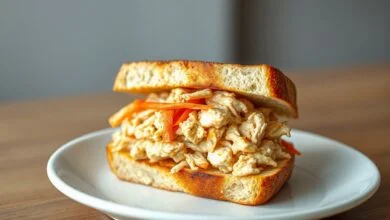 Sanduíche natural de frango cortado ao meio, expondo o recheio cremoso de frango desfiado com fios de cenoura, servido em pão dourado.