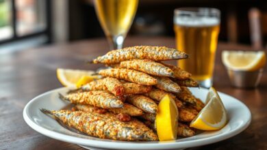 Sardinhas fritas douradas com casca crocante, servidas em um prato simples de boteco com fatias de limão e um copo de cerveja ao fundo.