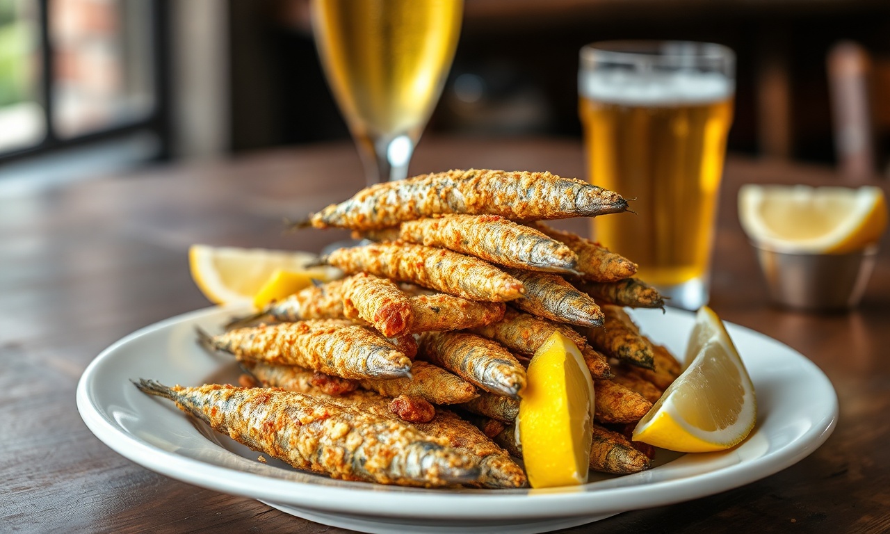 Sardinha Frita De Boteco: Crocante E Pronta Em 25 Minutos 3 Sardinhas fritas douradas com casca crocante, servidas em um prato simples de boteco com fatias de limão e um copo de cerveja ao fundo.
