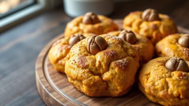 Oito scones de abóbora dourados, fofinhos e com uma avelã no centro, dispostos sobre uma superfície rústica.