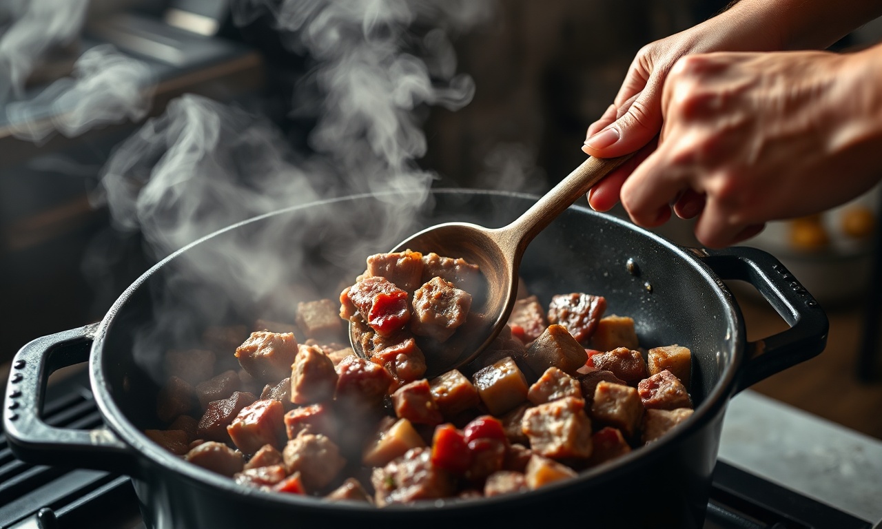 O momento crucial de dourar os cubos de carne em lotes em uma panela grande e quente.