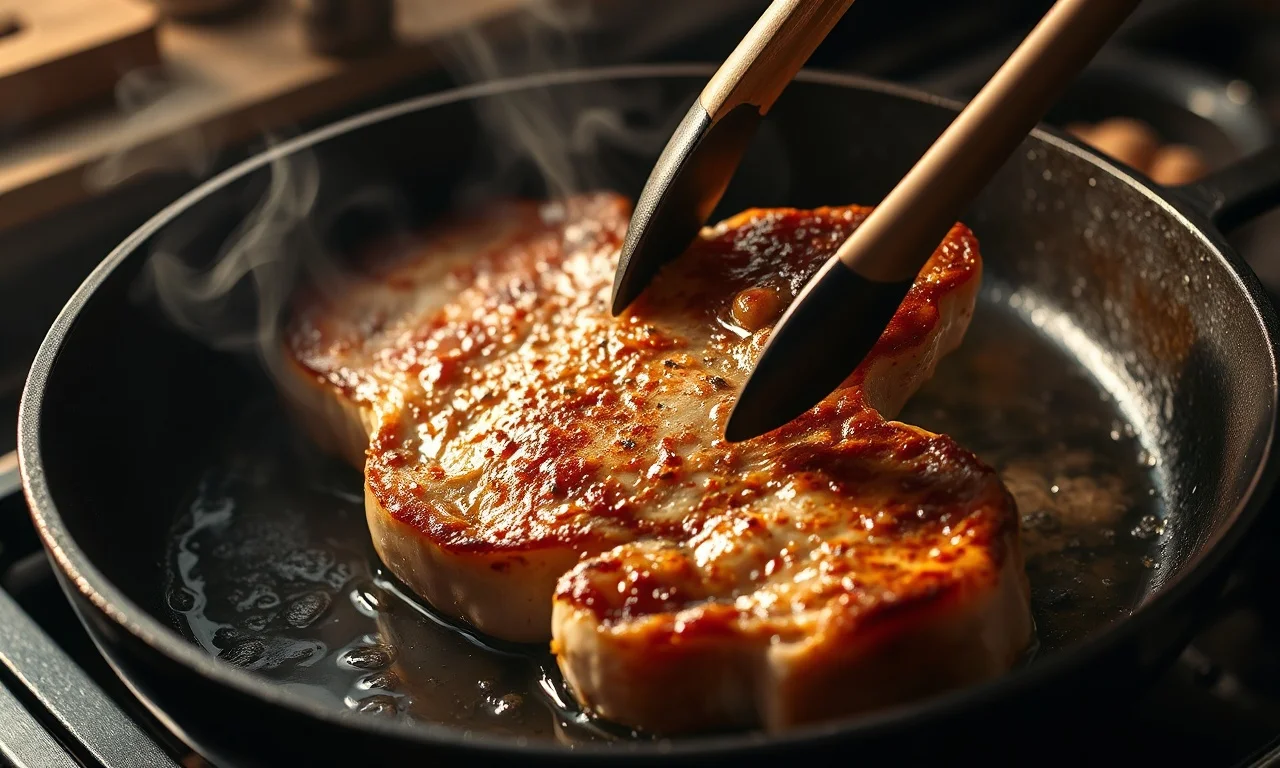 O momento crucial de selar a carne em fogo alto para criar a crosta dourada.