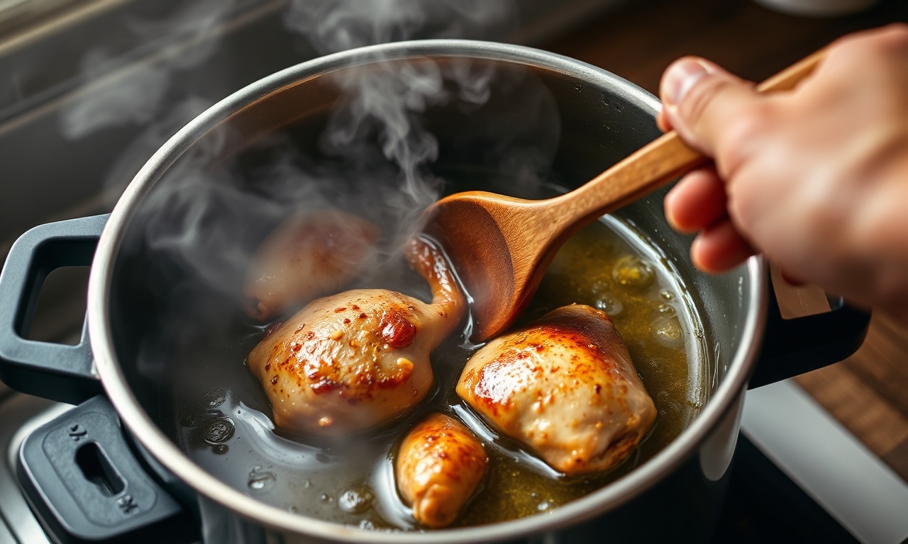 O momento crucial de selar os corações de frango em azeite quente, criando uma crosta dourada.