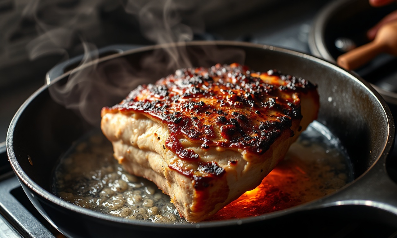 O momento crucial de selar a carne em uma panela quente para criar a crosta.