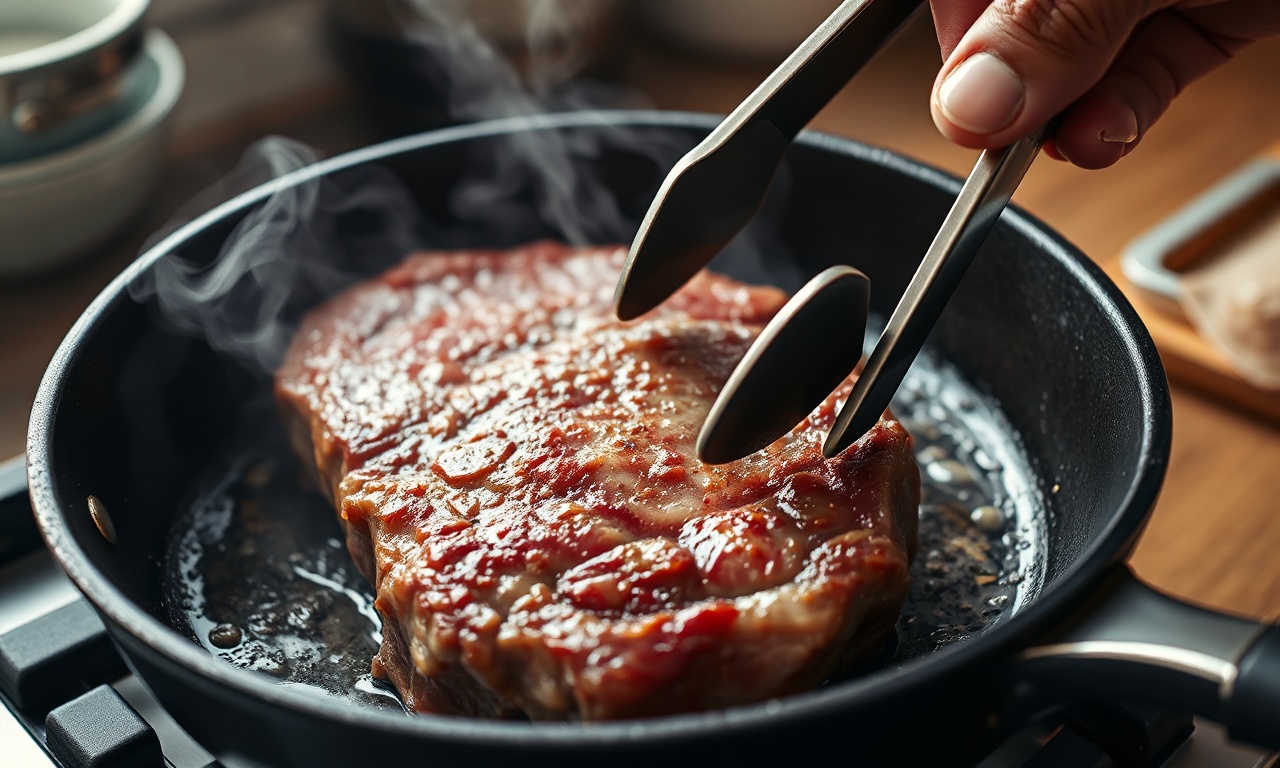 O momento crucial de selar a carne em uma frigideira quente para criar a crosta.