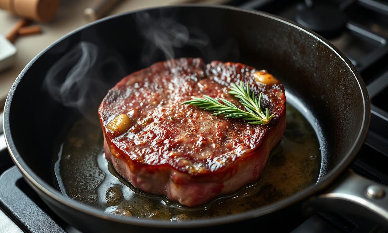 O momento crucial da selagem do bife em panela de ferro fundido.