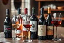 Arranjo elegante de diversas garrafas de vinho tinto, branco e rosé com taças, pronto para ser servido.
