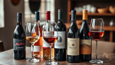 Arranjo elegante de diversas garrafas de vinho tinto, branco e rosé com taças, pronto para ser servido.