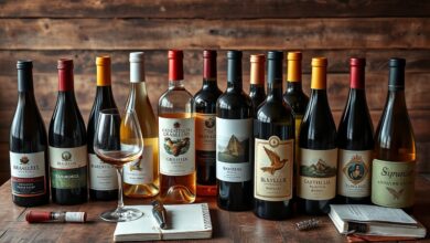 Garrafas de vinhos brasileiros tintos e brancos dispostas em uma mesa de madeira rústica, com taças elegantes ao lado.