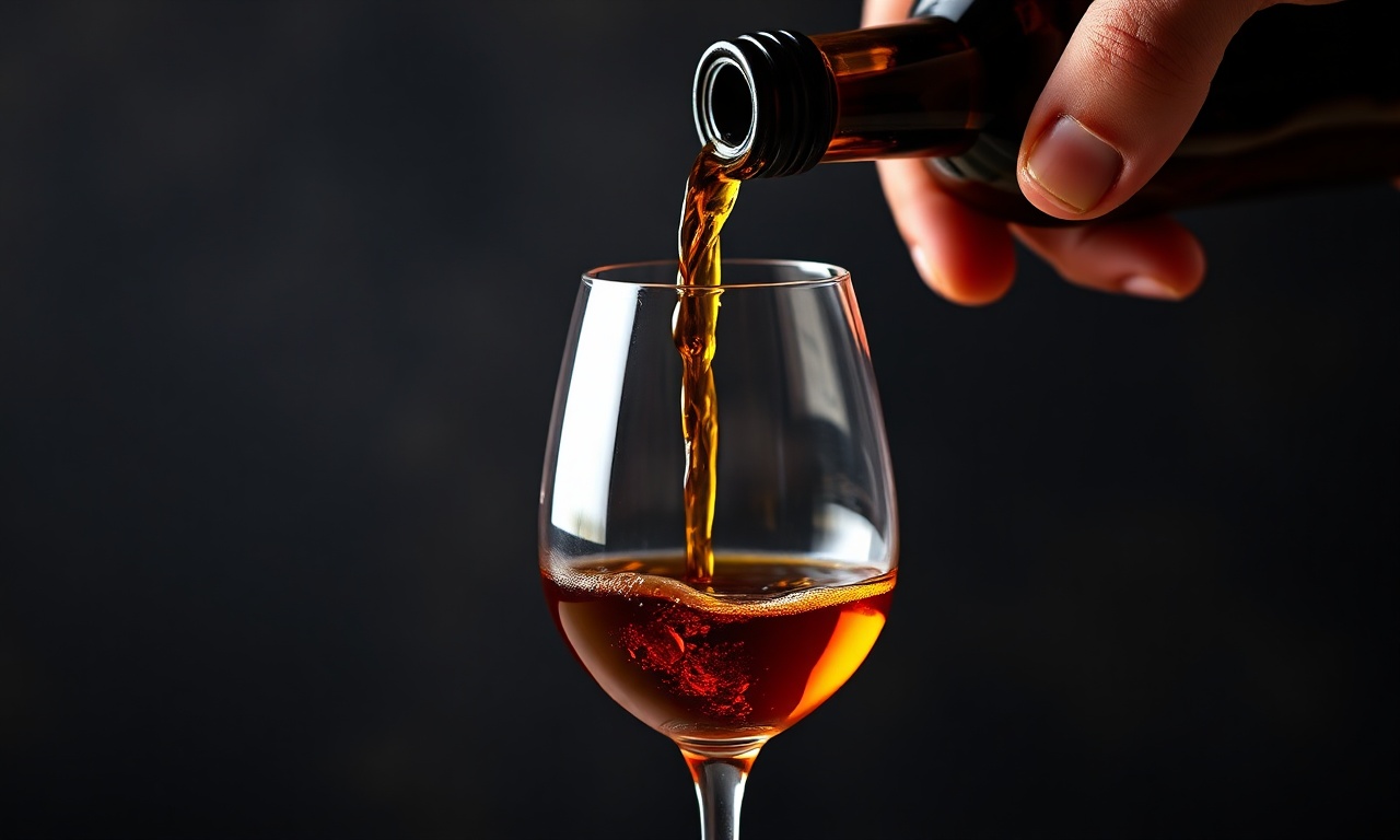 A mão do sommelier servindo o Porto Tawny em uma taça pequena.