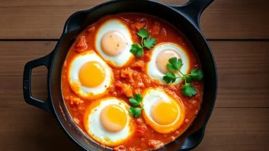 Shakshuka vibrante com ovos perfeitamente escalfados em um molho cremoso de tomate e abóbora, finalizada com coentro fresco.