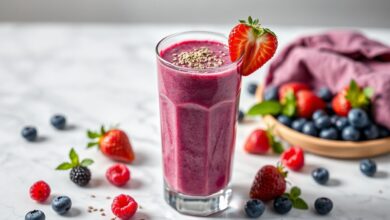 Bebida roxa vibrante, espessa e gelada servida em copo alto com frutas vermelhas frescas ao redor.
