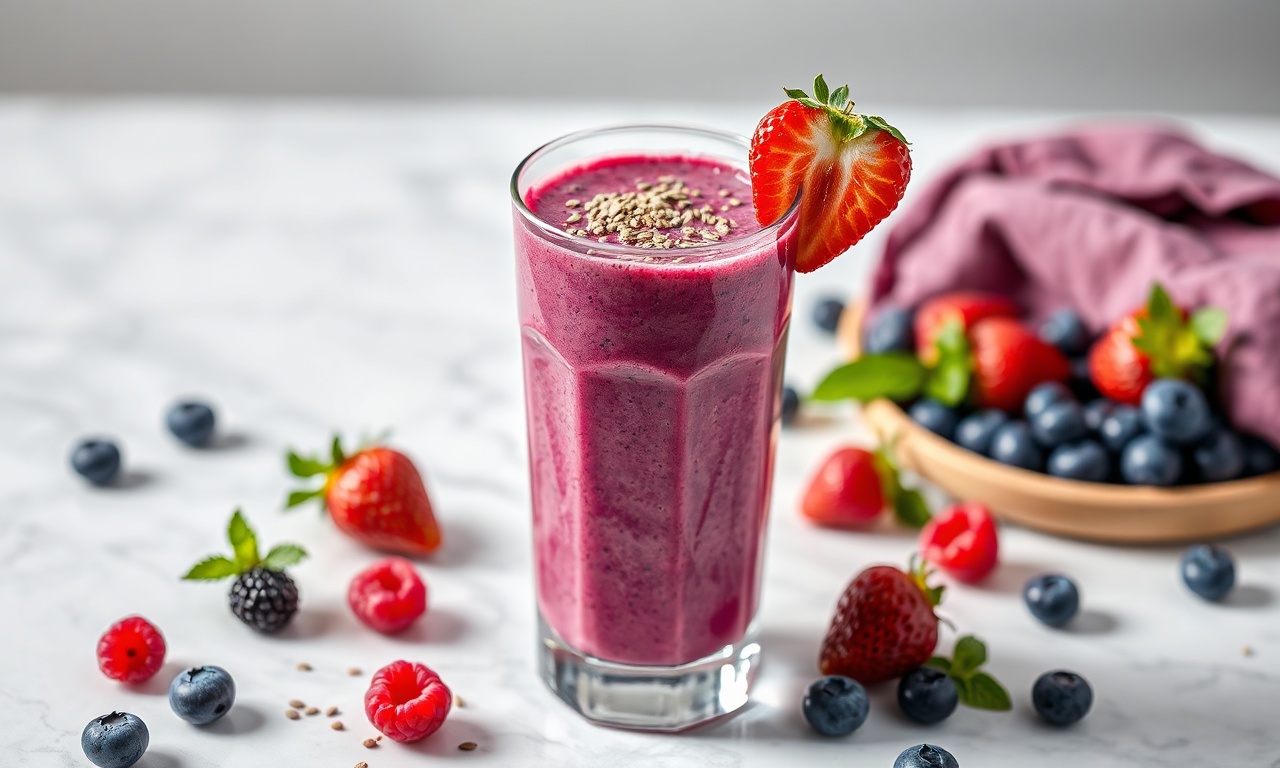 Smoothie De Frutas Vermelhas Cremoso Em 5 Min (Sem Iogurte) 3 Bebida roxa vibrante, espessa e gelada servida em copo alto com frutas vermelhas frescas ao redor.