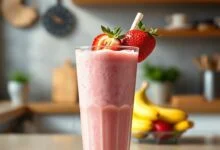 Smoothie rosa vibrante e denso servido em copo alto com canudo e frutas frescas
