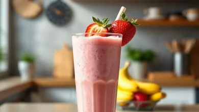 Smoothie rosa vibrante e denso servido em copo alto com canudo e frutas frescas