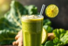 Copo de vidro alto com smoothie verde vibrante e espesso